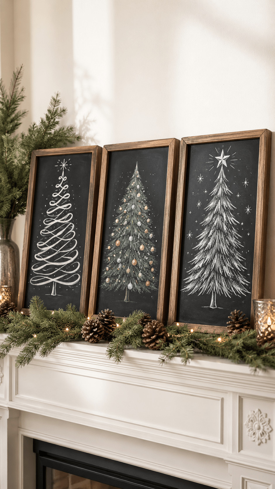 Photo of a chalkboard Christmas tree decorated with hand-drawn candles, warm golden accents, and subtle smudged highlights for a cozy holiday look.
