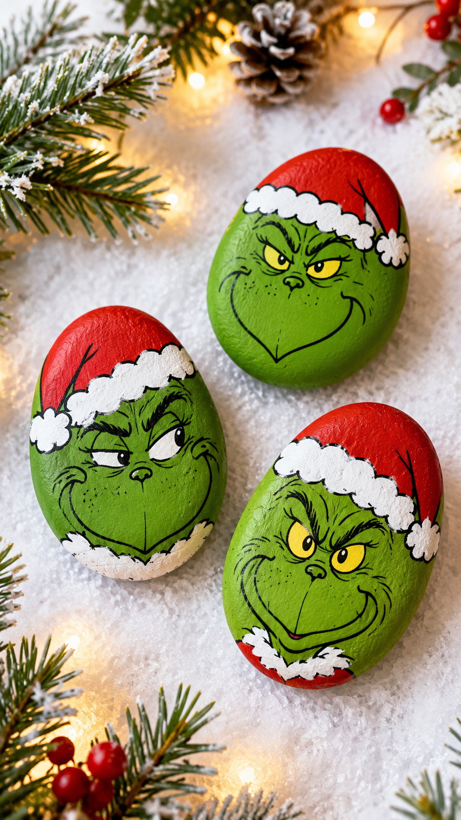 Photo of a candy cane-themed Grinch painted rock with a bright green face, crooked grin, red-and-white stripes, and snowy white trim.