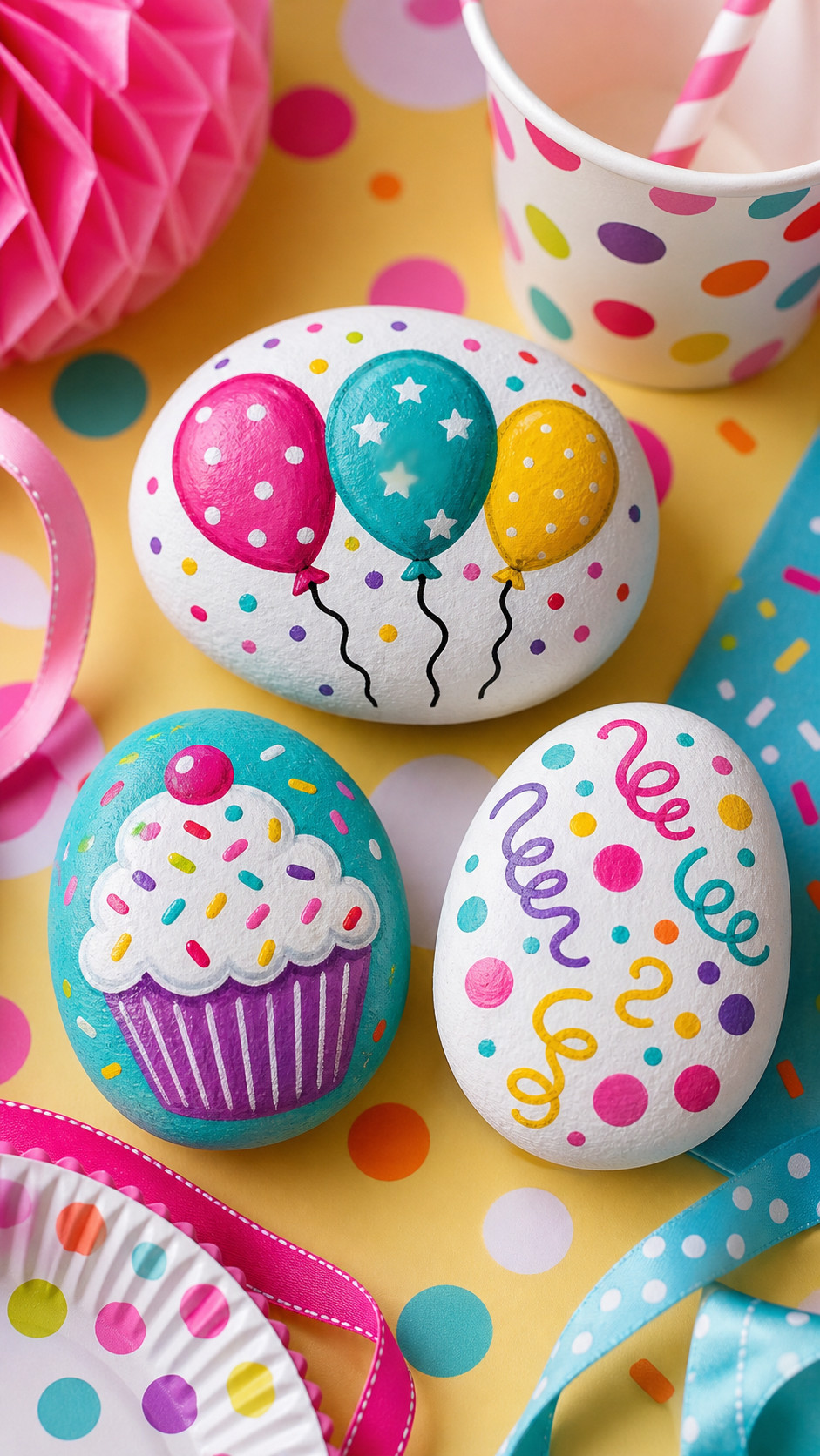 A colorful birthday painted rock with a large number, jewel-toned confetti dots, tiny stars, and bright celebratory splashes.