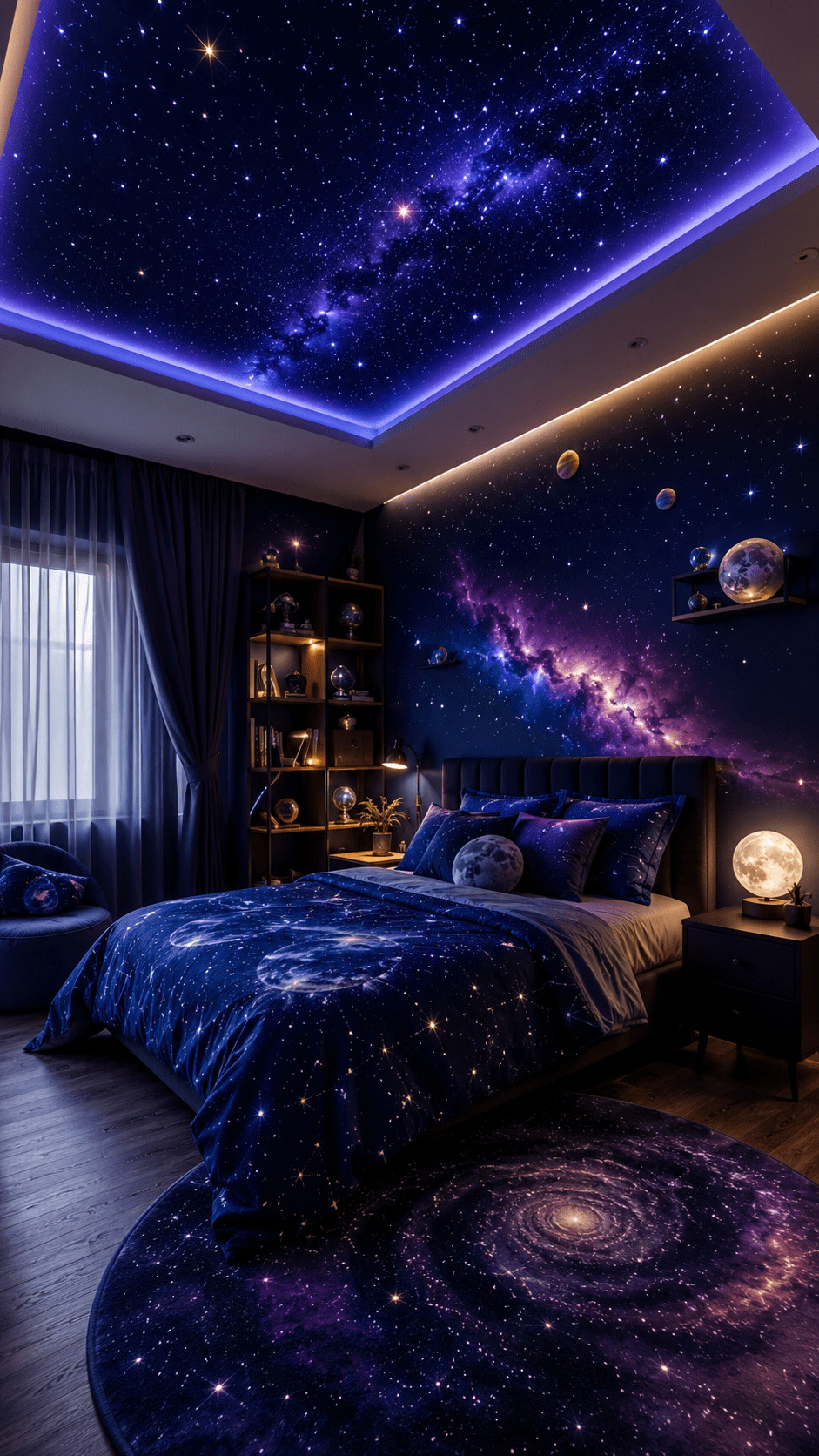 A galaxy bedroom reading nook with a midnight-blue constellation canopy, cream pillows, star motifs, and cozy seating.