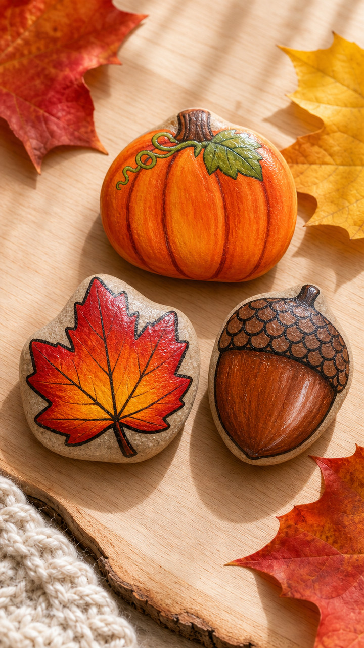 Painted rock featuring a cozy cabin amid autumn trees in warm orange, rustic brown, and gold tones on a smooth river stone.