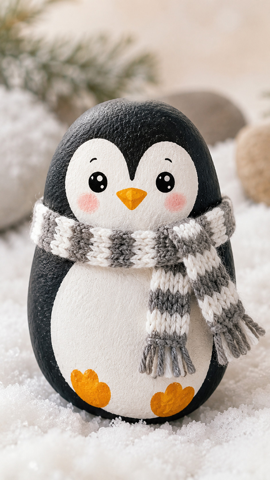 A smooth river rock hand-painted as a penguin wearing a tiny striped knit scarf on a soft snowy background.