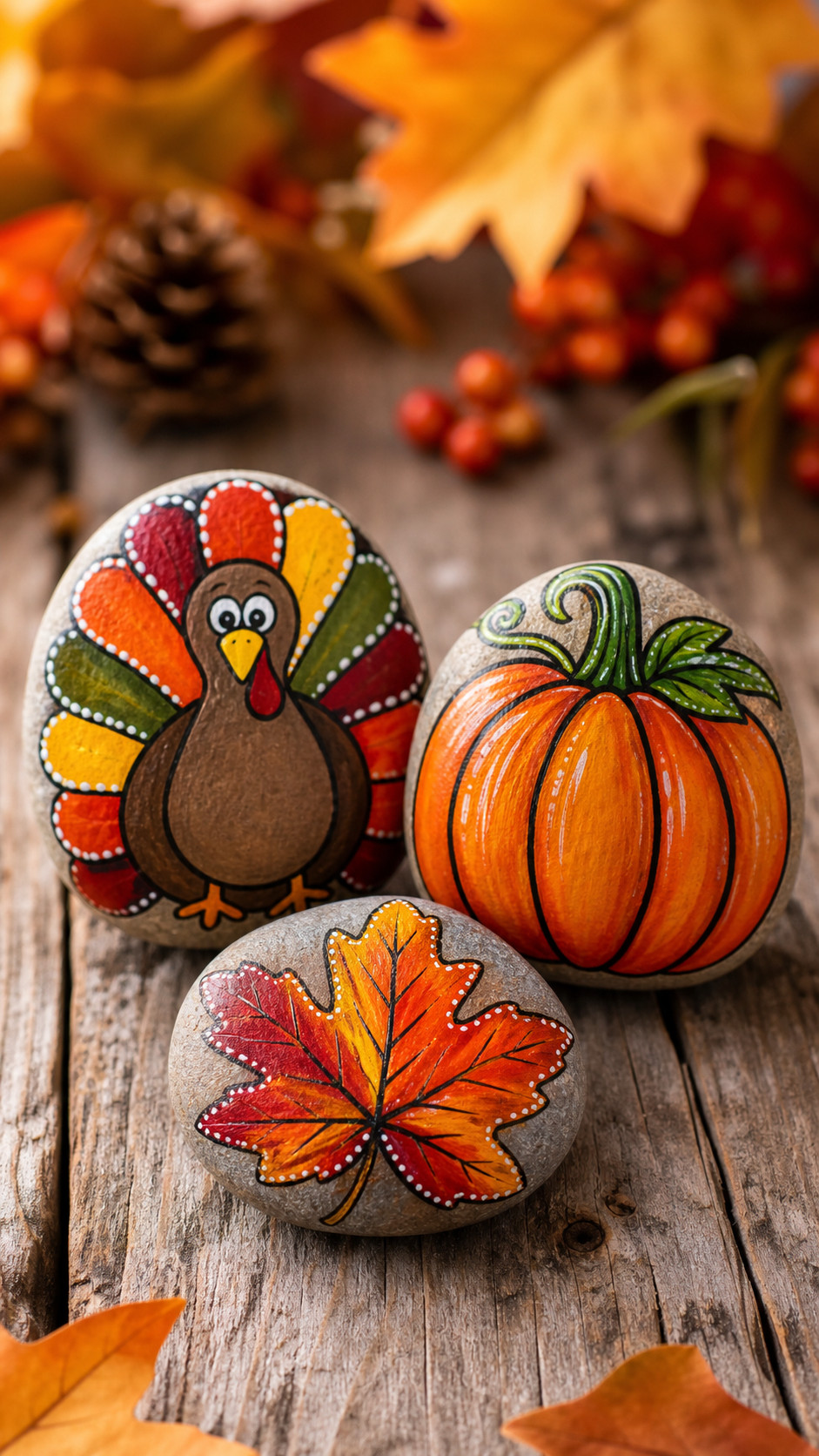Painted rock with glossy cranberry cluster design in deep red, gold highlights, and green leaves styled on a wooden Thanksgiving table.