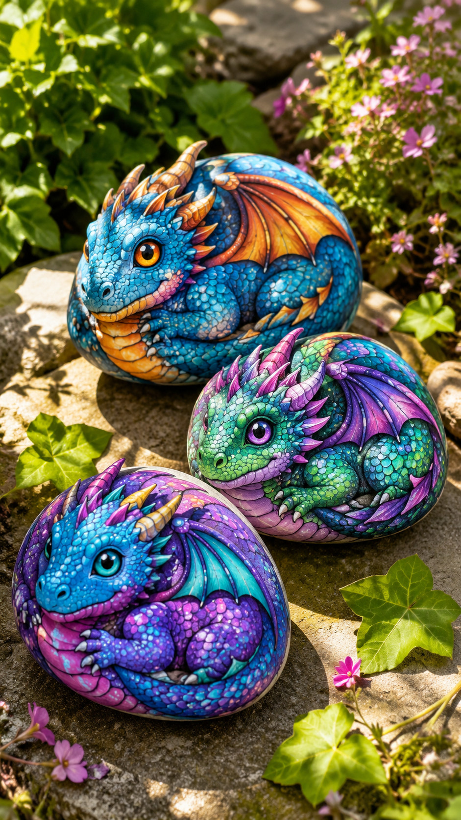 A turquoise and lavender dragon painted rock with icy scales, white highlights, and crystal cave-inspired details.