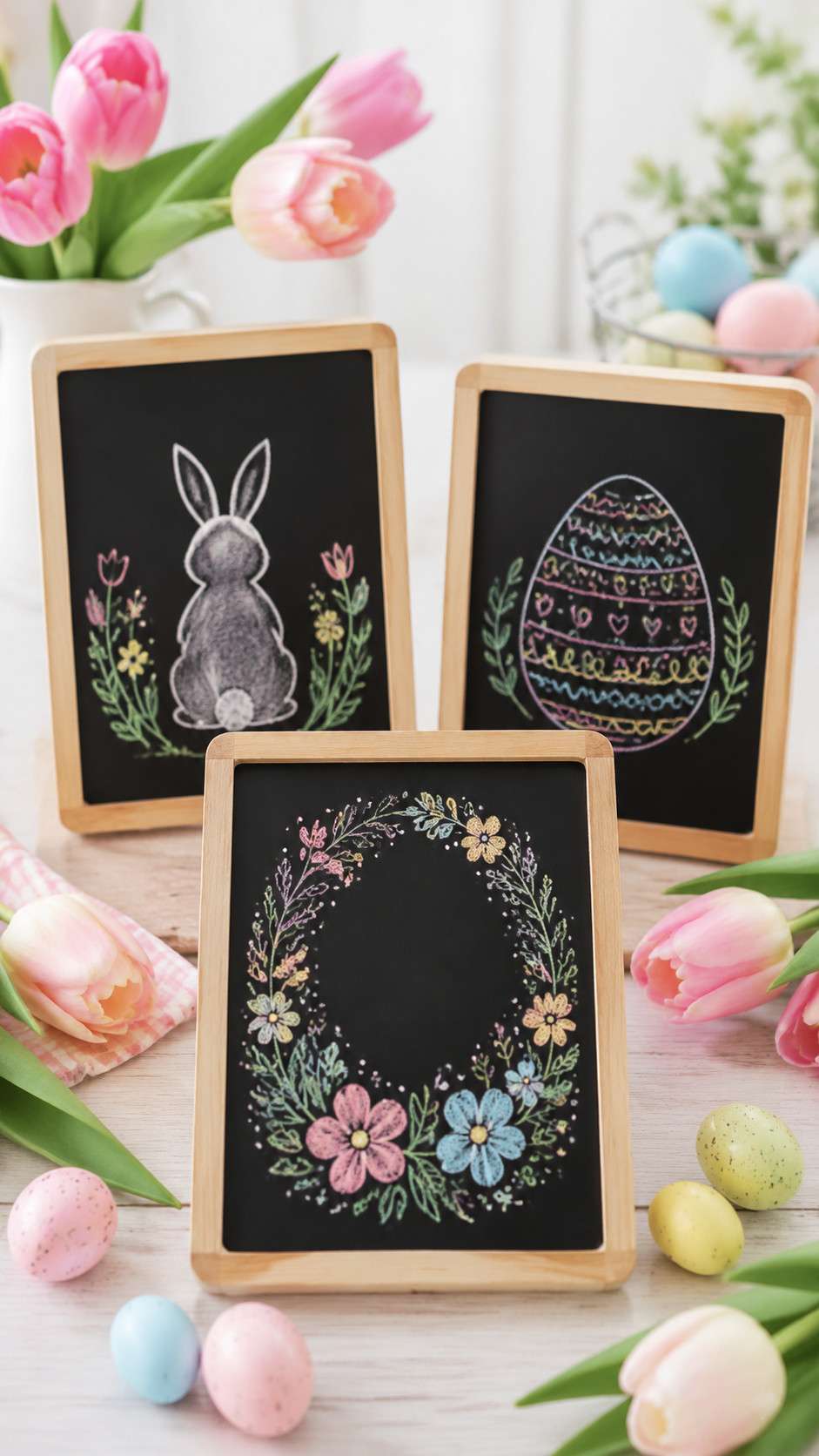 Chalkboard art of a dainty egg garland with pastel patterned eggs and small leafy accents along the top edge of the board.