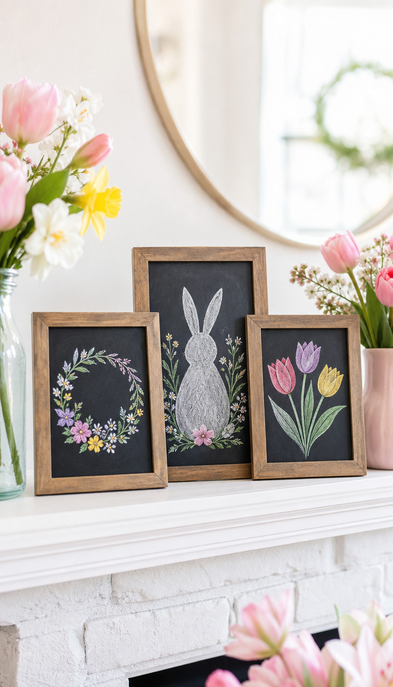 Photo of chalkboard art showing a pastel petal garland of pink and yellow flowers hand-drawn across the top, styled for spring porch or kitchen decor.