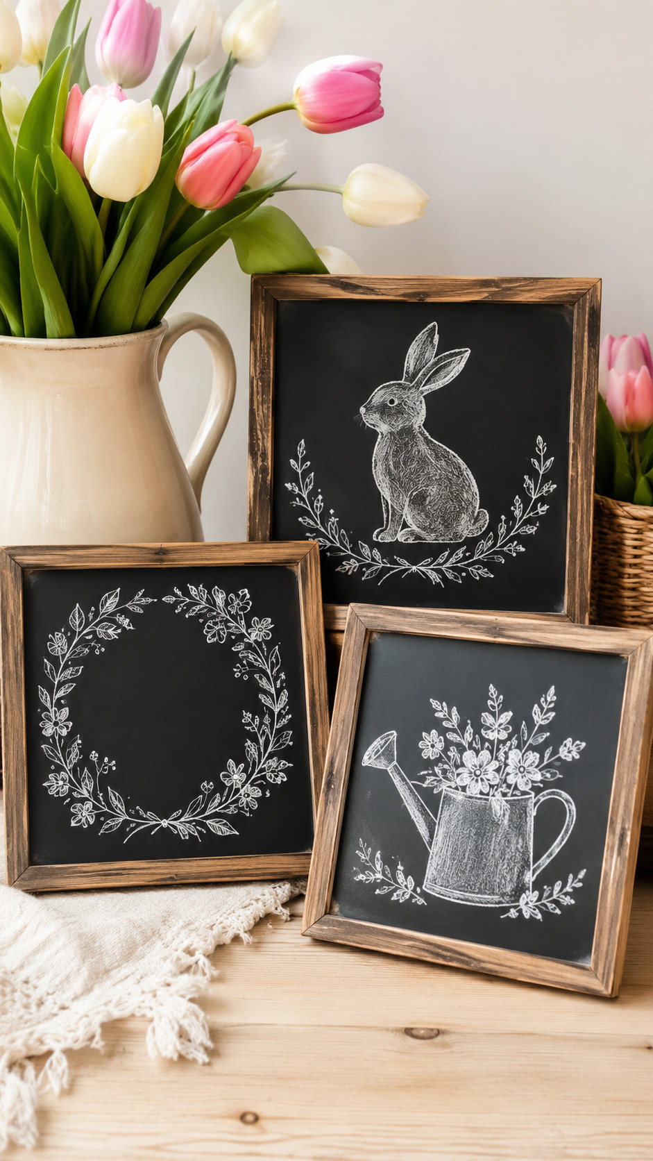 Chalkboard with a daisy chain border of white daisies, yellow centers, and soft green leaves framing a spring welcome sign.