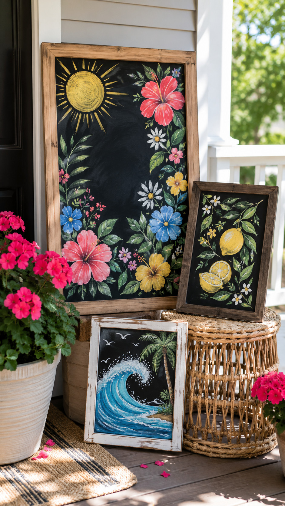 Chalkboard art featuring white daisies with yellow centers, leafy green accents, and gingham pattern details for a summery picnic scene.