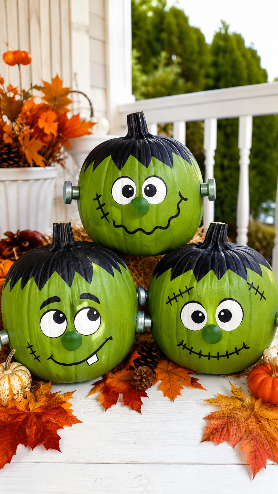 Painted Frankenstein pumpkin with mossy green skin, glossy black jacket accents, and small silver bolt highlights displayed on a front porch mantel.