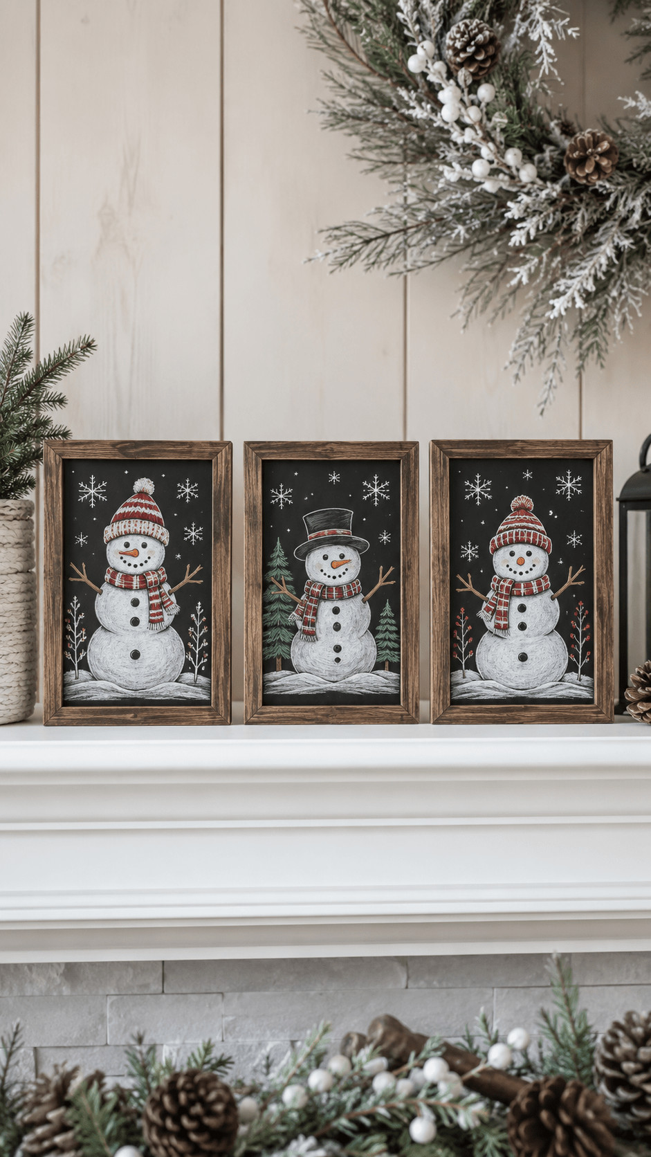 Chalkboard art of a snowman wearing earmuffs and a striped scarf surrounded by snowflakes and chalk shading for winter decor.