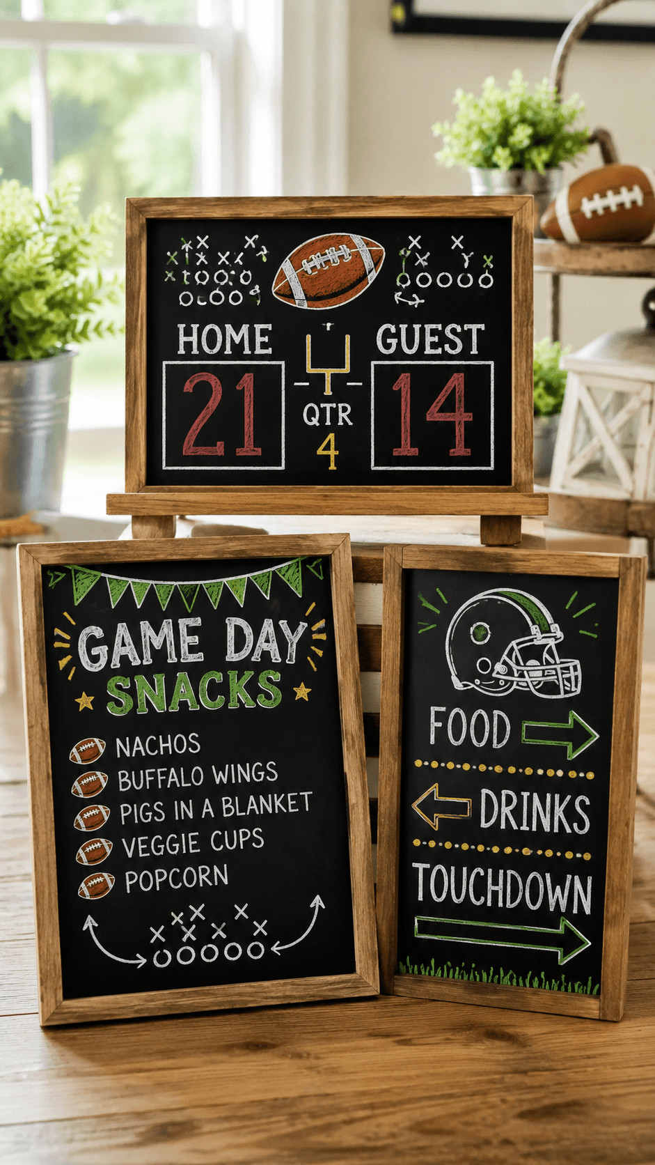 Photo of a fan chant chalkboard with bold white lettering, team-color accents, and playful doodles for a game day tailgate.