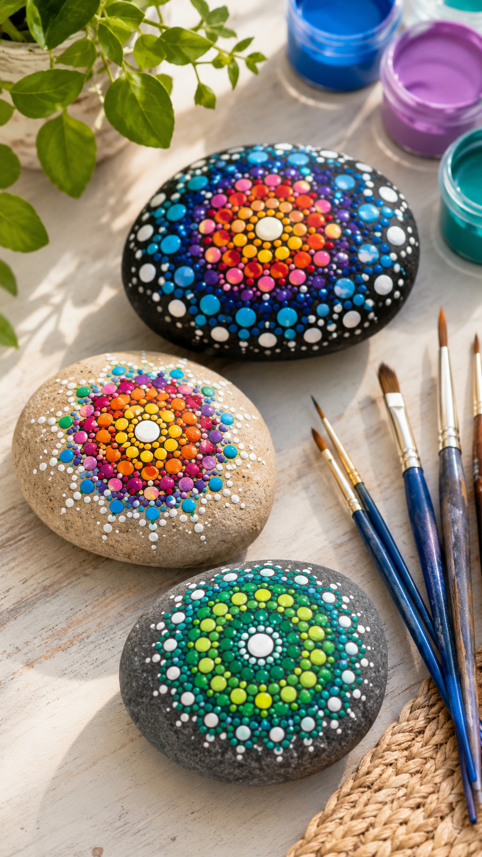 A smooth green rock painted with colorful floral dots, layered petals, and delicate leaves in a cheerful garden-inspired design.