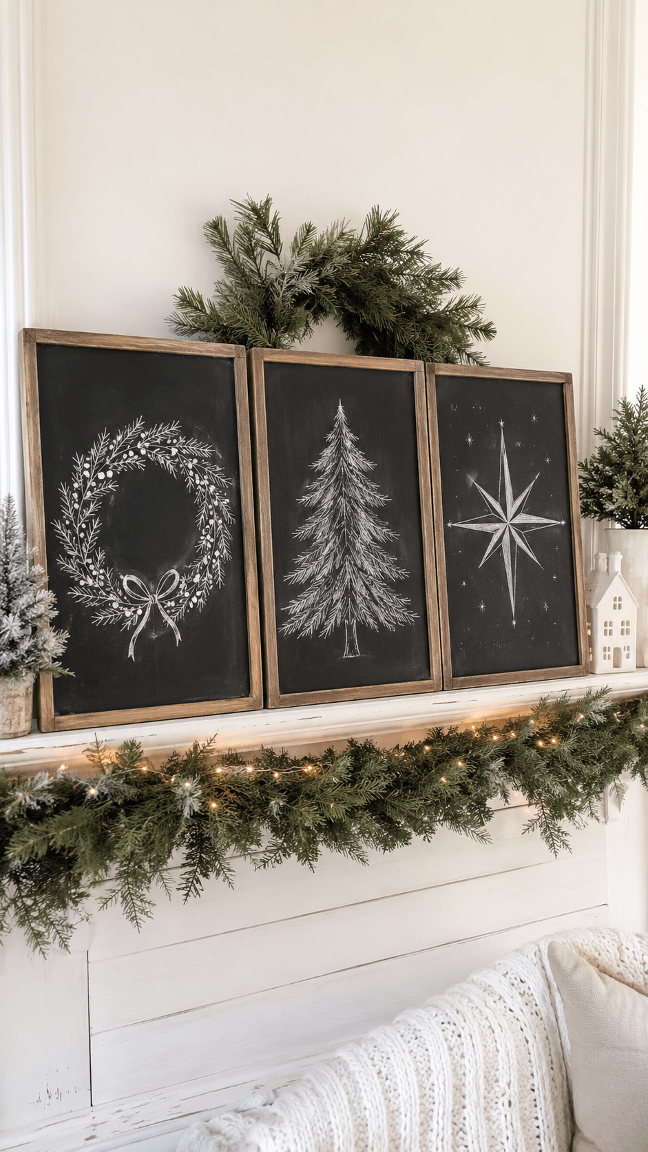Photo of a chalkboard featuring a gingerbread garland of brown cookie silhouettes with white-icing details and red berry accents, creating a cozy holiday vignette.