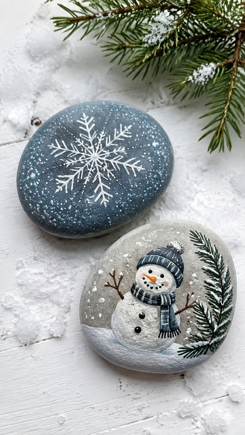 Painted rock featuring silver icicle streaks on a navy background, photographed as a winter decoration on a snowy wooden surface.