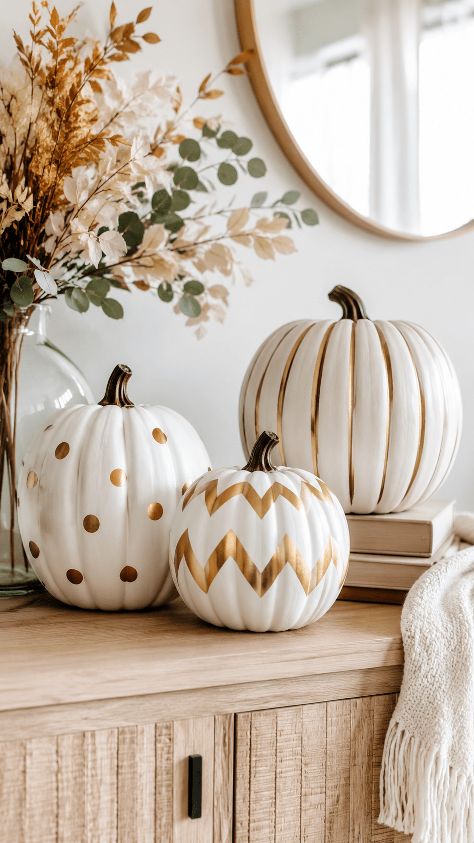 White pumpkin with irregular gold leaf accents on a mantel catching warm candlelight, modern fall decor.