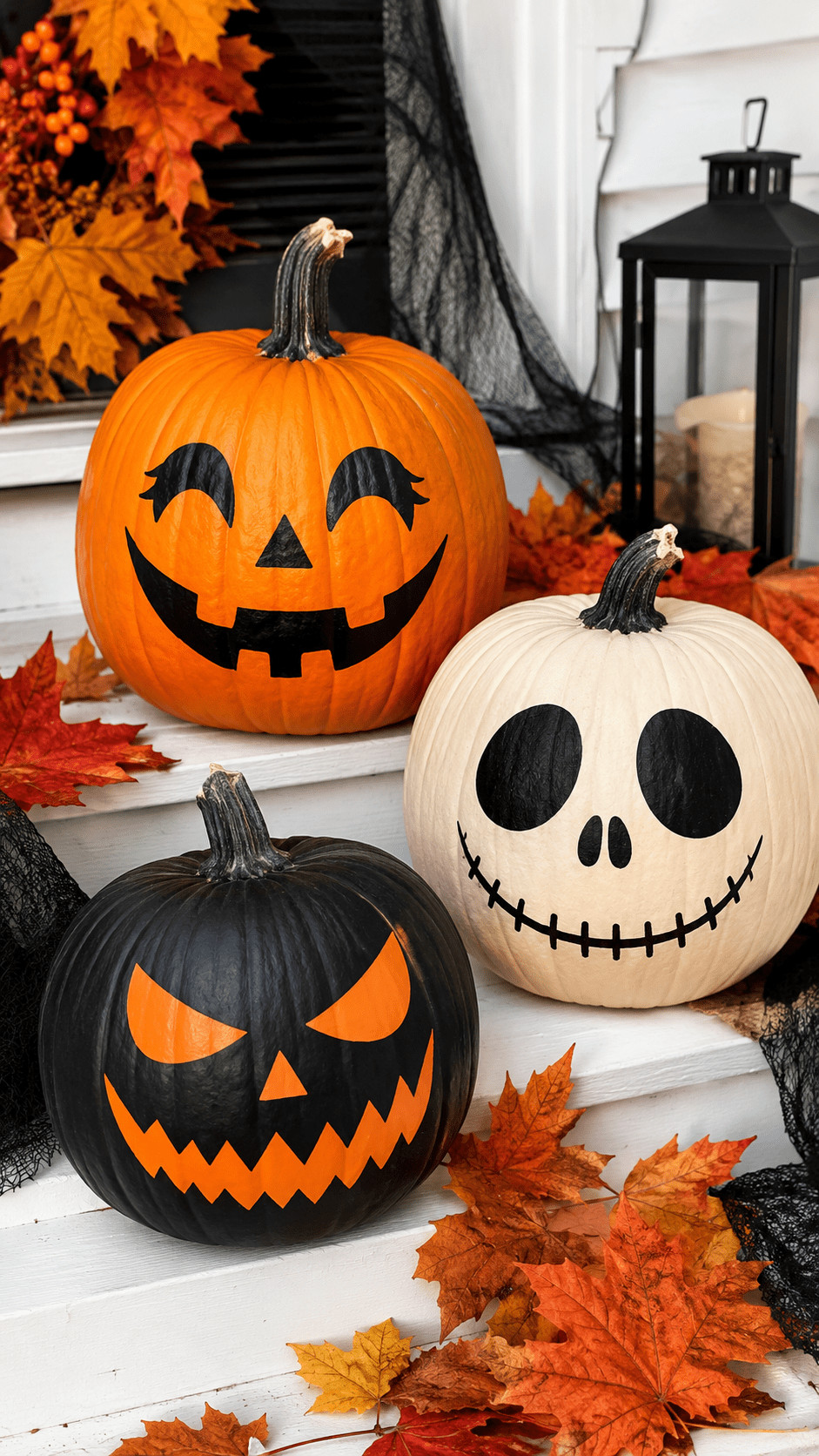 Photo of pumpkins decorated with mustard, cranberry, and forest green plaid patterns arranged on a rustic porch mantel.