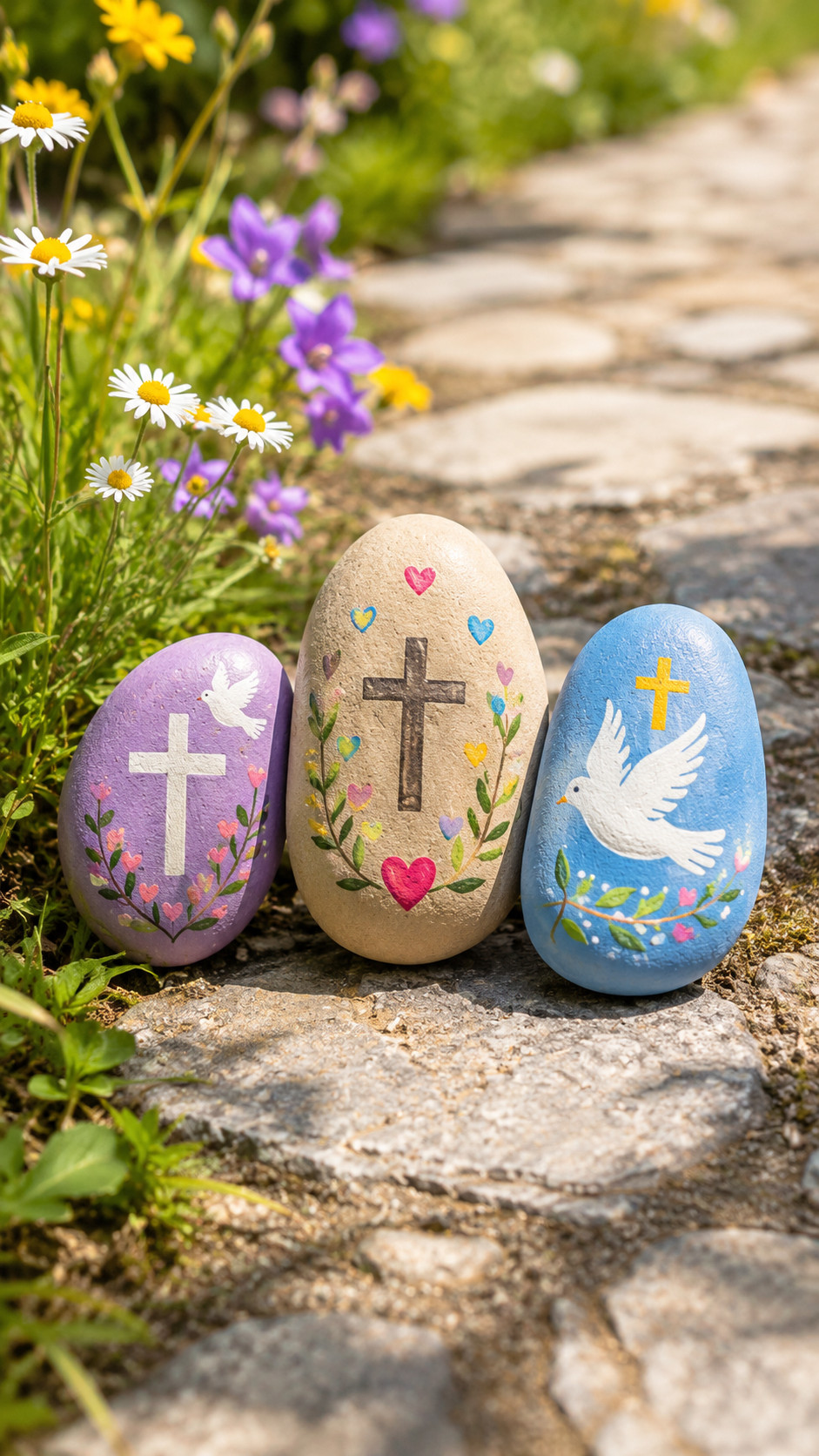 A sky-blue painted rock with a white dove, golden stars, and green sprig, presented as a Christian painted rock idea.