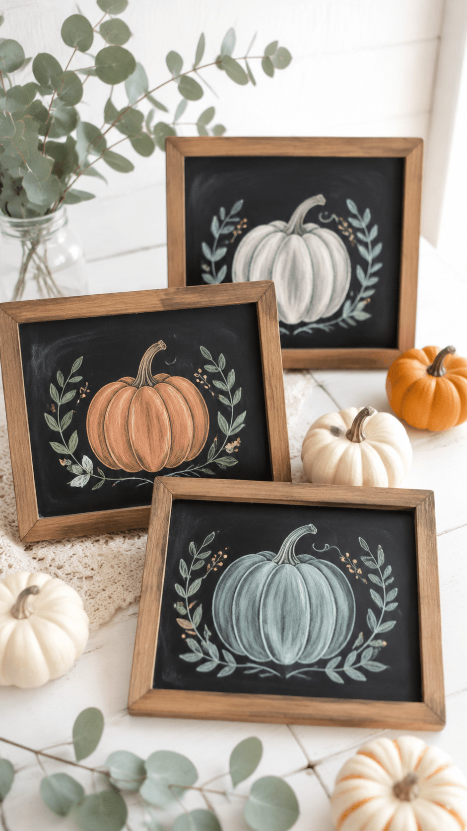 Chalkboard pumpkin art with creamy chalk body and soft amber highlights glowing on a dark slate background, evoking cozy evening fall décor with twinkling lights.