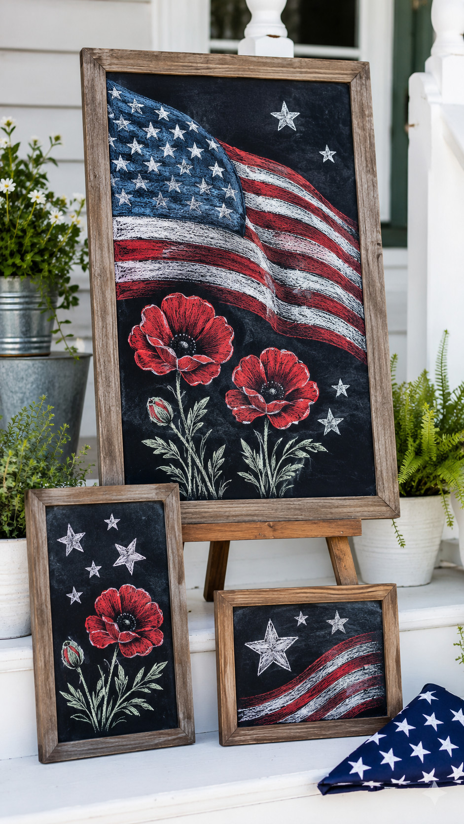 Photo of a Memorial Day chalkboard featuring glowing chalk lanterns with amber highlights, tiny stars, flag motifs, and greenery on a porch table.