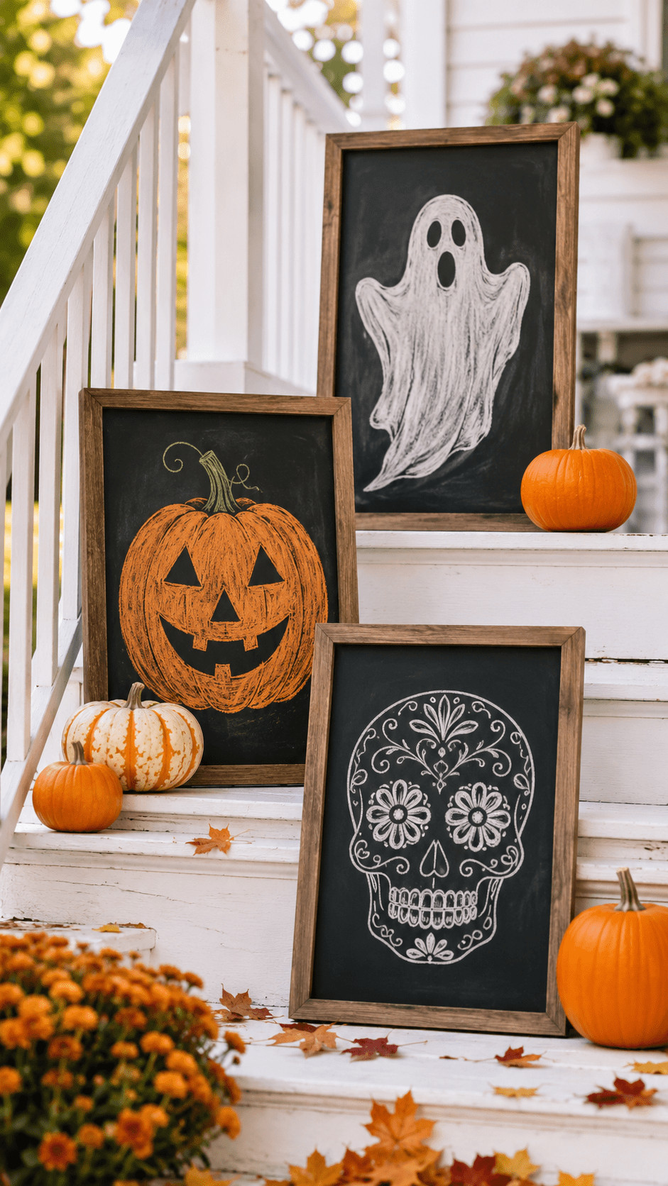 Chalkboard art of a lantern-lit alley with warm amber highlights, deep slate shadows, tiny paper lanterns, and silhouetted figures for Halloween decor.