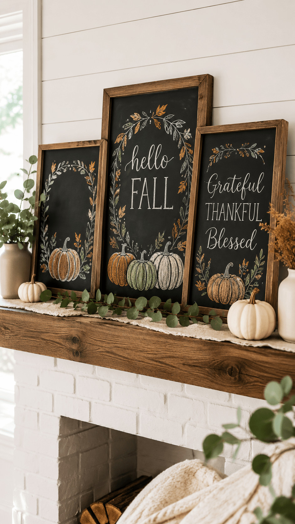 Photo of fall chalkboard art with glowing amber lanterns, dusk-blue background, warm script lettering and scattered leaf accents on a porch-style chalkboard.
