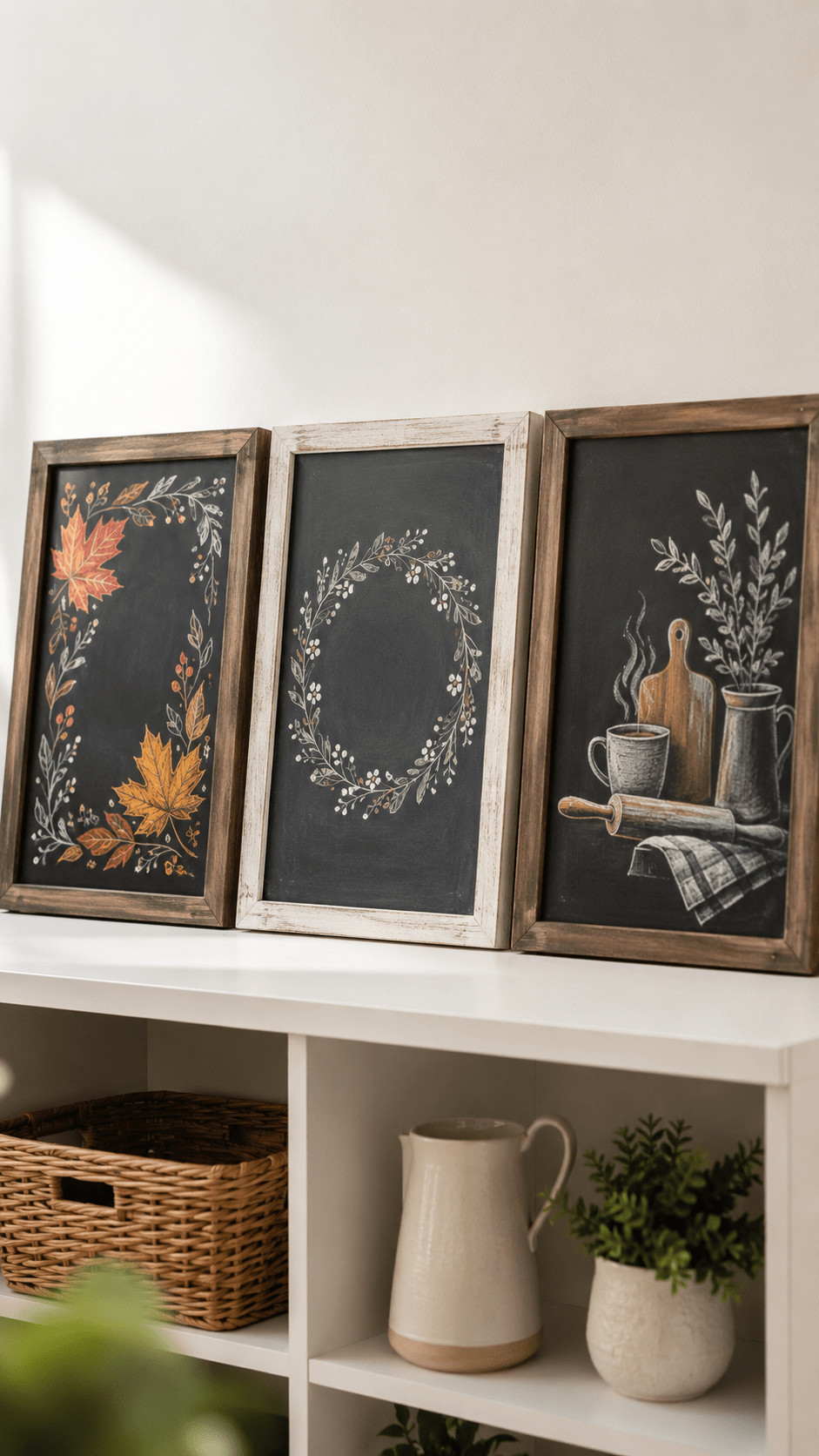 Photo of a chalkboard calendar decorated with amber chalk lantern illustrations and soft glowing swirls, styled next to knit throws and a mug of cider.