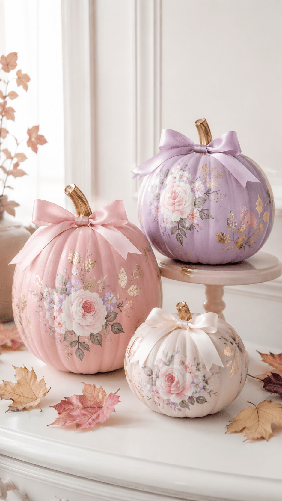 Photo of a lavender ombre pumpkin with soft gradient hues, lace accents, and warm tea lights on a fall table.
