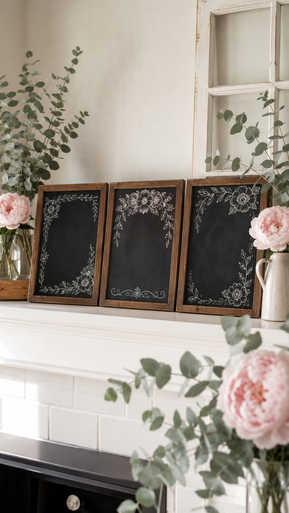 Photo of Mother's Day chalkboard art with lavender shading, cursive lettering, pale gray foliage, and tiny white dot accents.
