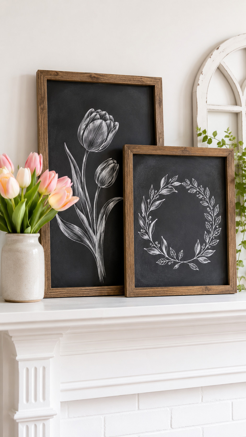 Chalkboard photo showing pastel wildflower illustrations and a sunlit horizon creating a soft spring meadow scene for March decor.