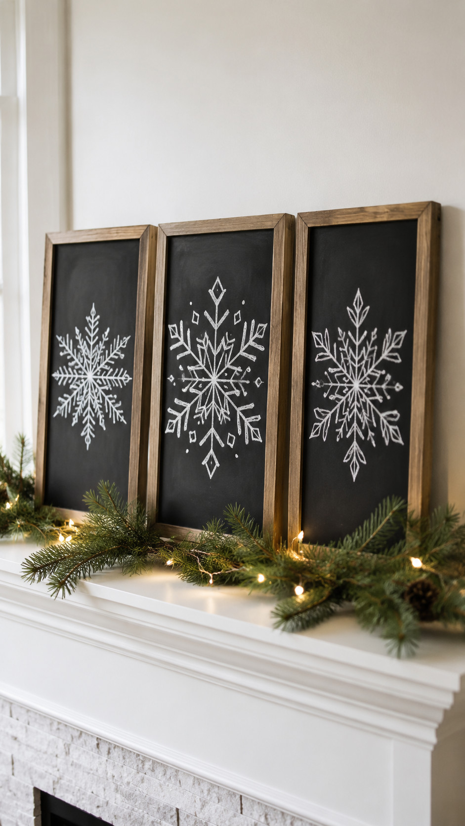 Chalkboard art of white snowflakes on a dark charcoal background with silver highlights, styled on a mantel under soft evening light.