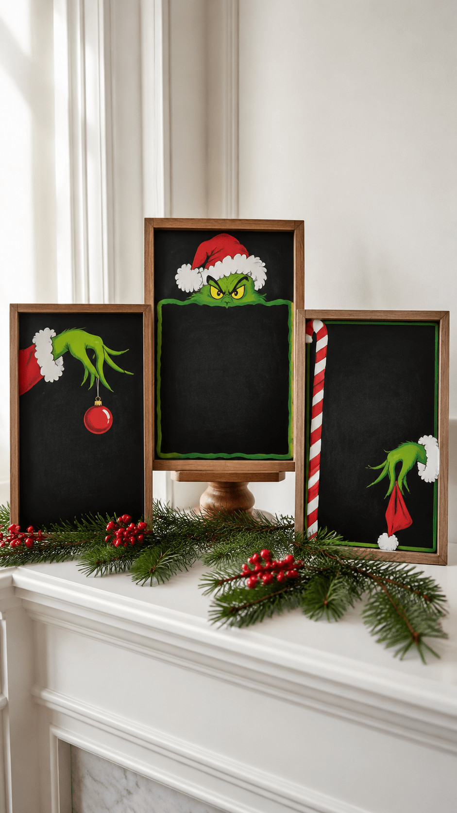 Chalkboard drawing of the Grinch leaning under mistletoe with snow-speckled green fur and rosy cheeks.