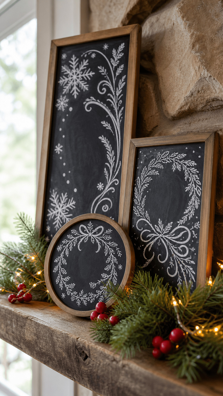 Chalkboard art showing hand-drawn mistletoe sprigs with red berries, white highlights, and gold star accents around a 'kiss me' lettering.