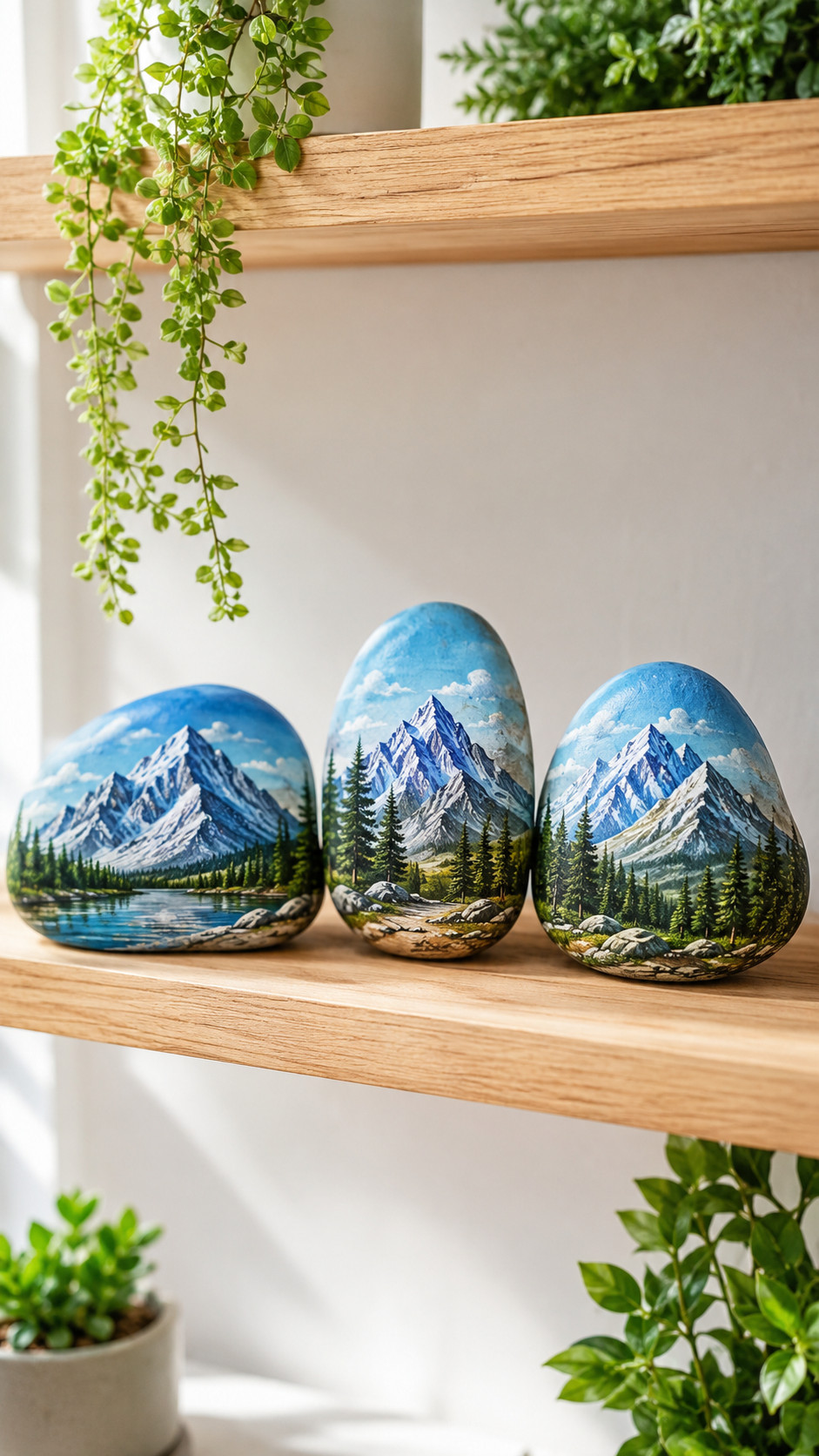 Misty valley mountain painted rock with layered blue peaks, evergreen silhouettes, and soft sunrise colors.