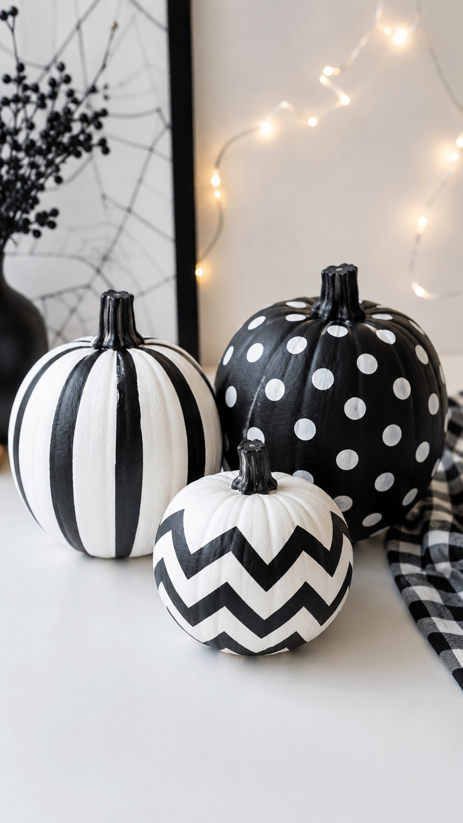 Black and white marble-painted pumpkin with swirling veins displayed on a mantel among simple neutral pumpkins.