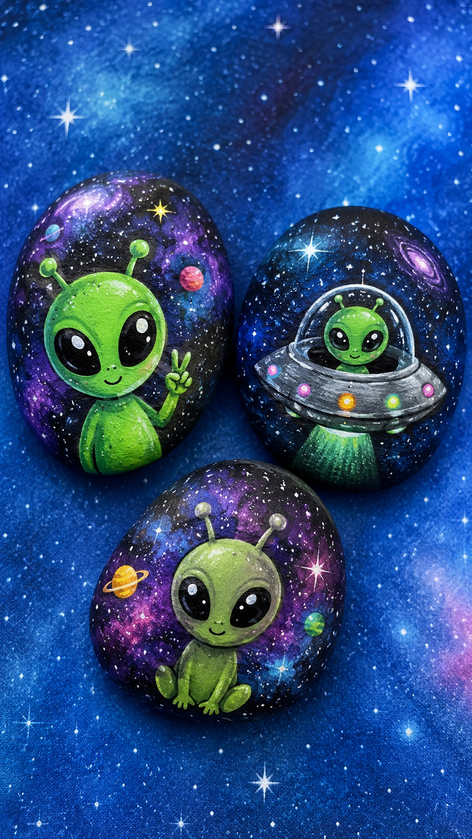 A moonlit alien painted rock featuring a smiling lime-green alien, crescent moon, silver stars, and an indigo space background.
