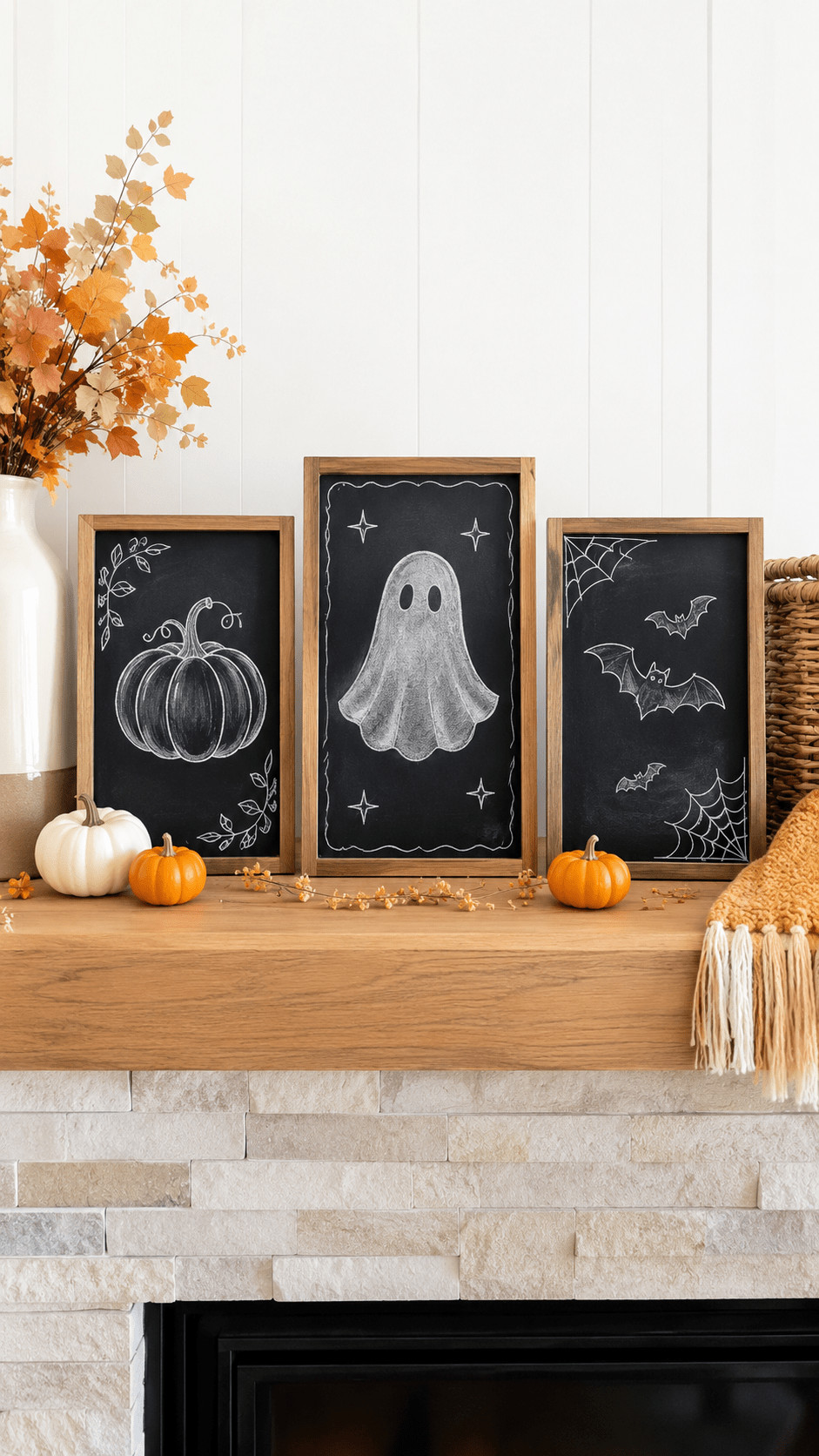 Chalkboard photo showing moonlit cobweb corner art in silver and white chalk, featuring delicate lacy webs and a pale chalk moon.