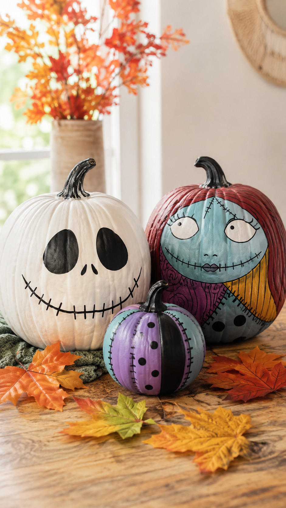Photo of a painted pumpkin showing Jack and Sally in a silvery blue and indigo moonlit silhouette with white highlight details on a mantel.