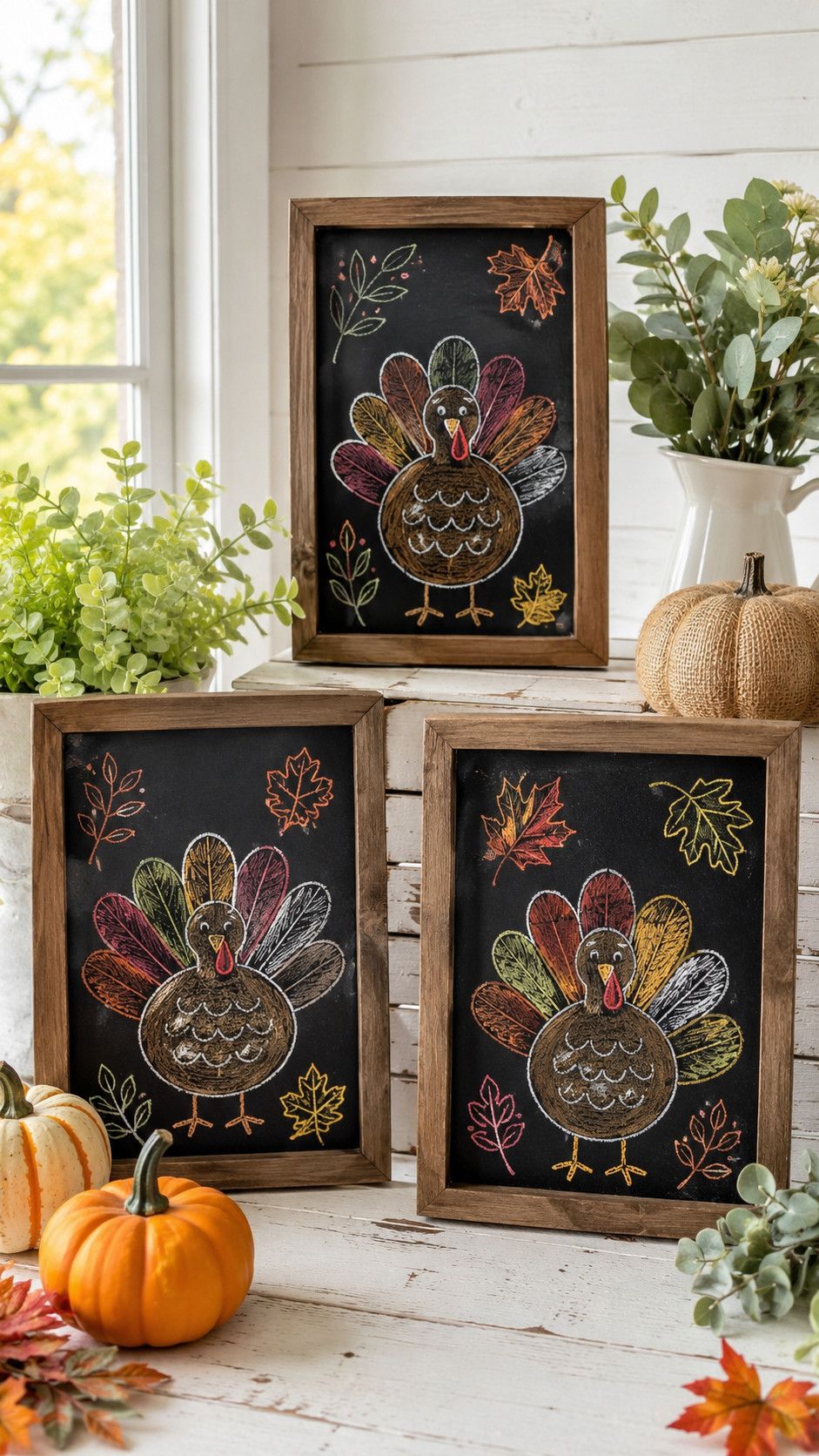 Photo of a chalkboard mosaic turkey with jewel-toned blue and burnt orange feathers, brass-like highlights, and textured chalk tiles on a black background.