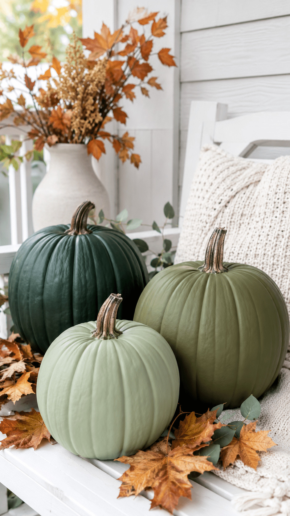 Mossy textured green painted pumpkin in shades of moss and sage sitting on a rustic wood table with autumn leaves and soft natural light.