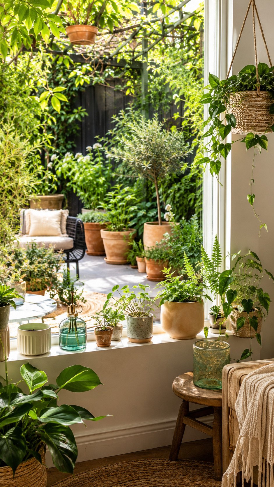Photo of a mossy window nook with petite ferns, velvety moss, amber glass vessels, and layered green plants on a wooden ledge.