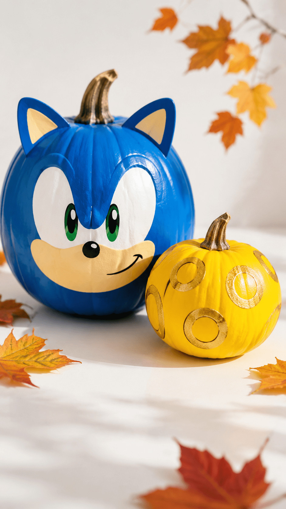 Photo of a Neon Trail Sonic painted pumpkin with fluorescent pink and electric teal streaks on deep blue paint, glitter accents, and paper quills staged on a front porch.