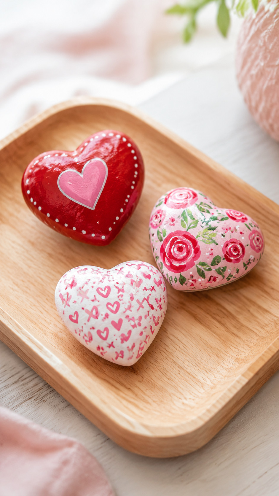 Photo of a painted rock featuring a pastel patchwork heart with stitched-look lines on a smooth gray stone, styled on a wooden mantel.