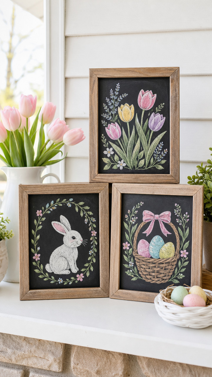 Chalkboard with Peony Corner design featuring soft blush peonies, creamy pastel chalk highlights, and leafy greenery framing the corner with a handwritten 'Hello Spring' message.