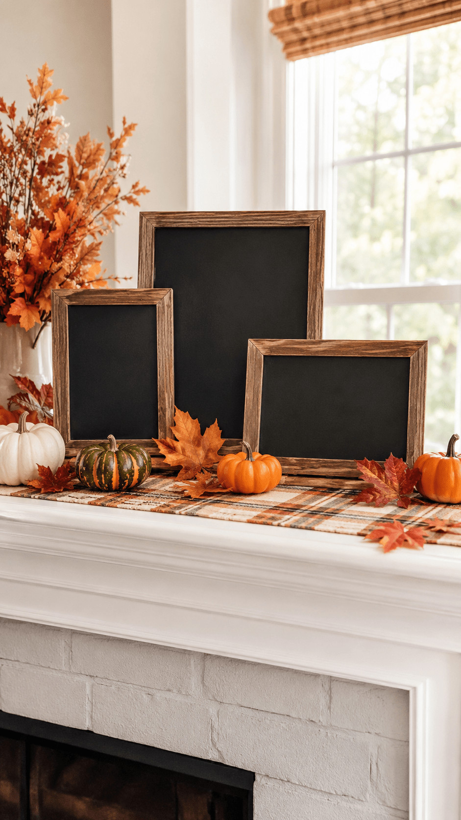 Chalkboard photo featuring hand-drawn tiny pumpkins in orange and cream with casual block lettering saying Welcome Fall, styled as a cozy harvest entry sign.