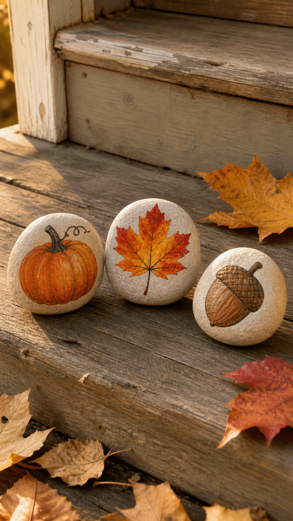 Photo of a painted pumpkin patch rock featuring small orange and white pumpkins with speckled stems and soft shadowing, styled with mini gourds and dried wheat on a mantel.