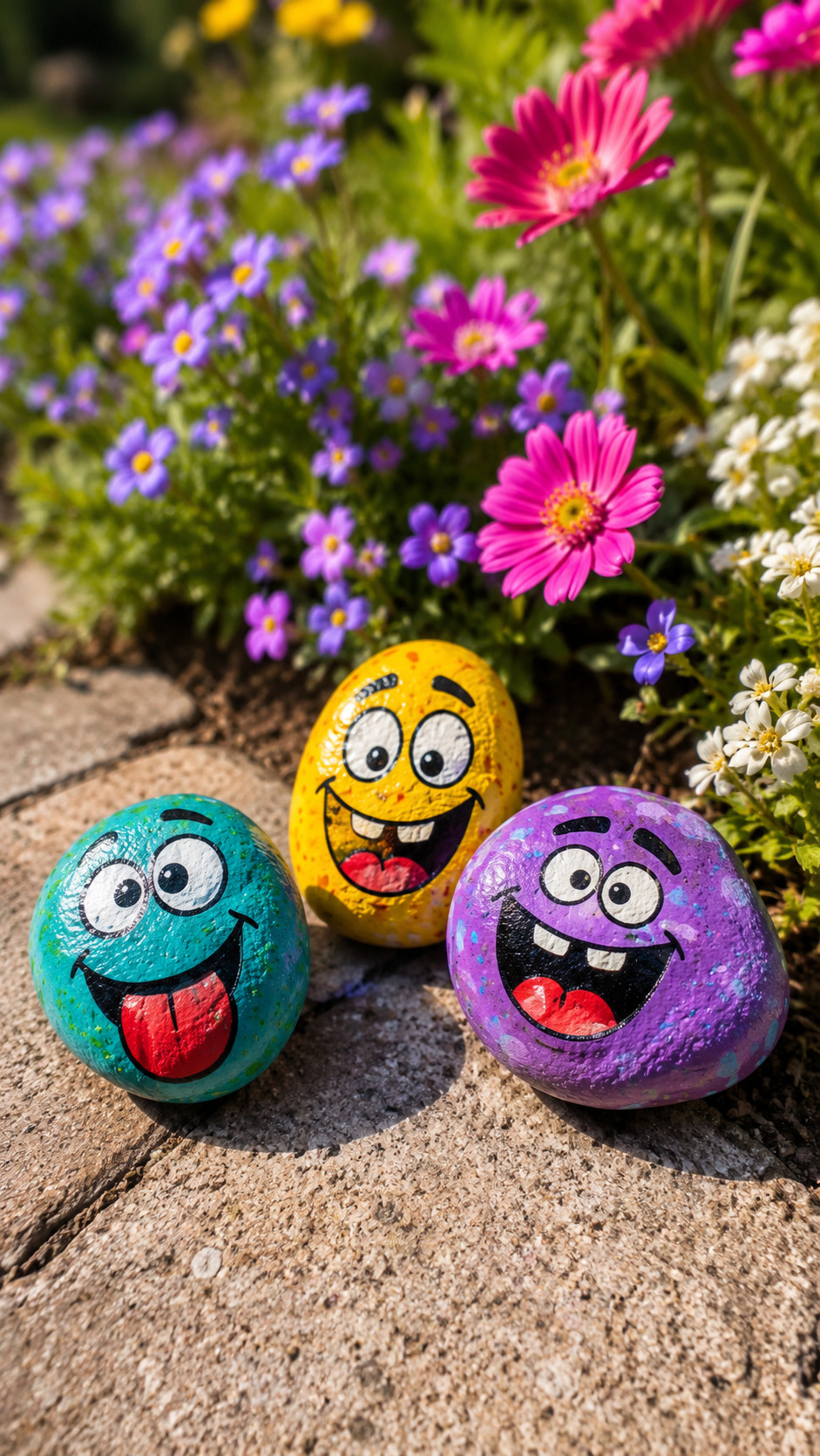 Colorful painted rocks with rainbow stripes, rosy cheeks, and playful smiling faces arranged on a bright tabletop.