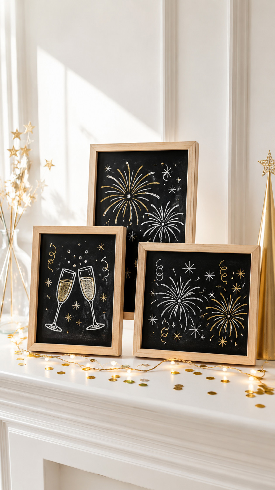 Chalkboard art showing a New Year's balloon cascade with ribbon streamers, pastel chalk colors, and metallic highlights in a corner display.