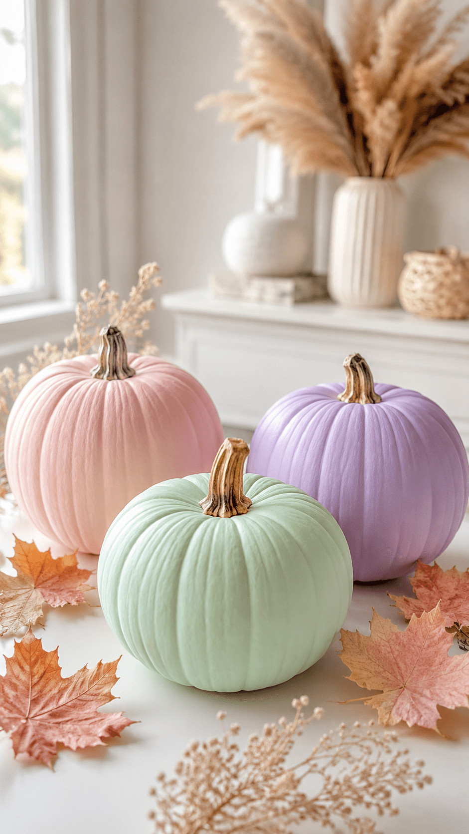Pale sage green painted pumpkins tied with dried twine and arranged with muted autumn florals on a porch bench