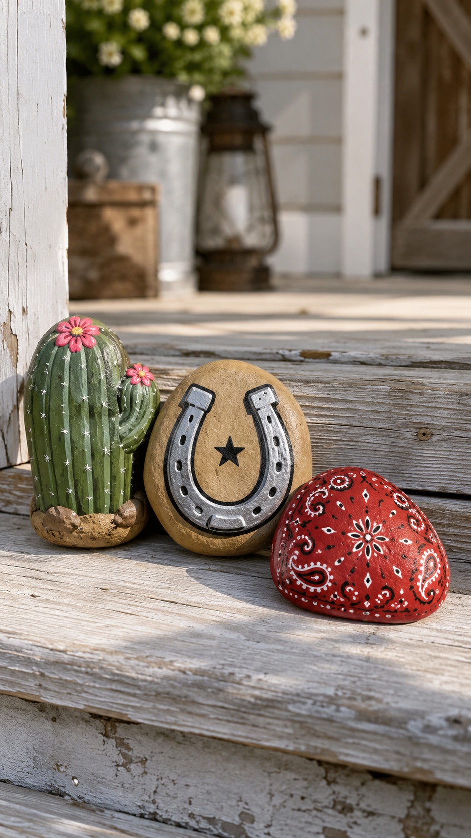 Painted rock featuring a sagebrush silhouette in gray-green against a dusty ochre background, styled on a windowsill with warm natural light.