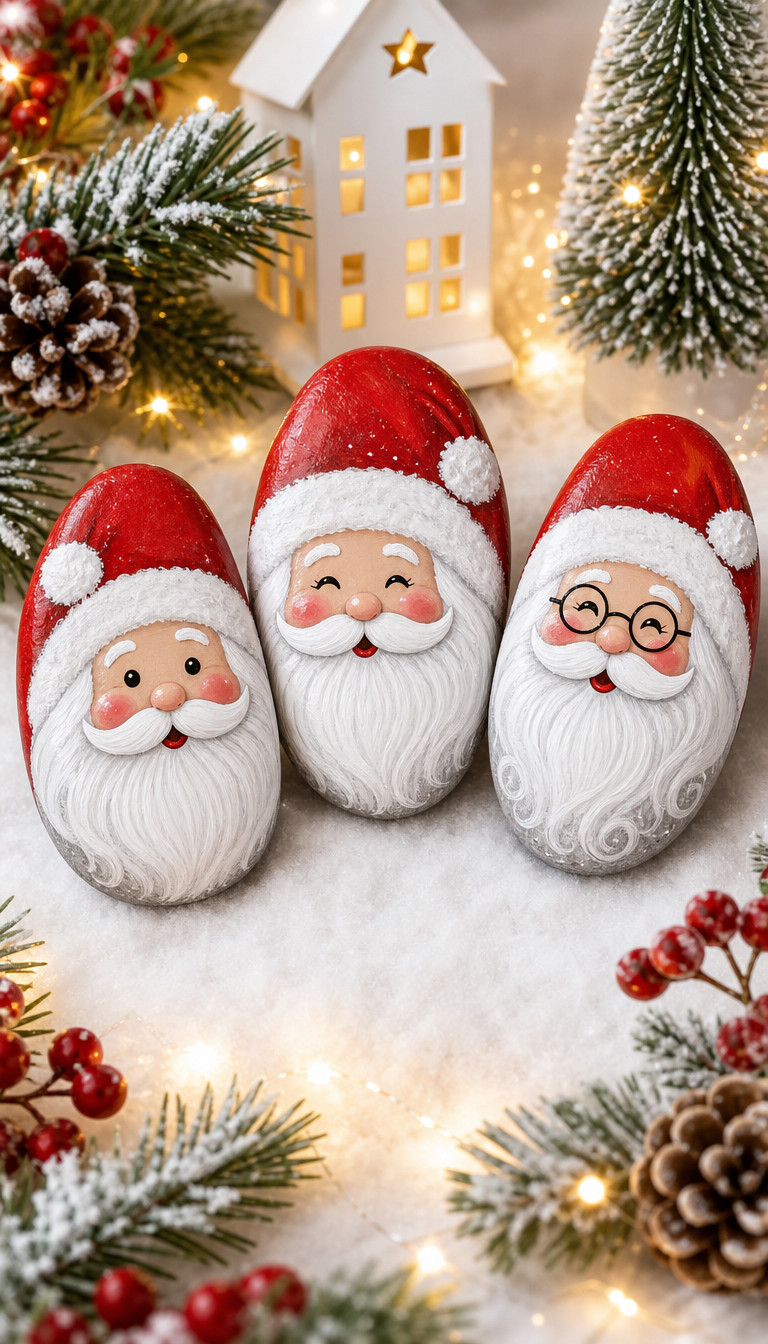 Photo of a Santa painted rock with a rosy face, white beard, red details, and candy-cane stripes.